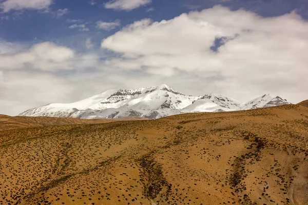 Karla kaplı Himalaya dağı, Spiti Vadisi 'ndeki Langza' da çorak bir platoda yükseliyor..