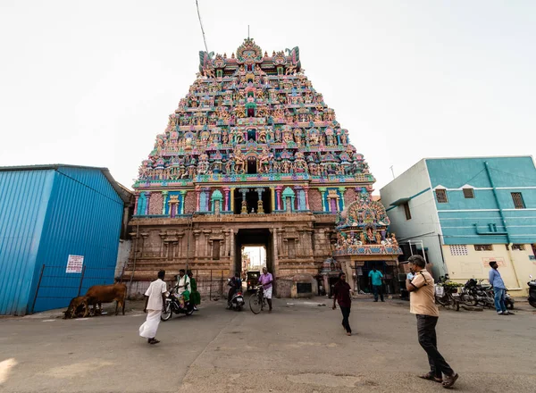 Trichy, Tamil Nadu, Hindistan - Şubat 2020: Tiruchirappalli kentindeki antik Jambukeshwar tapınak kompleksinin tapınak kulesi.