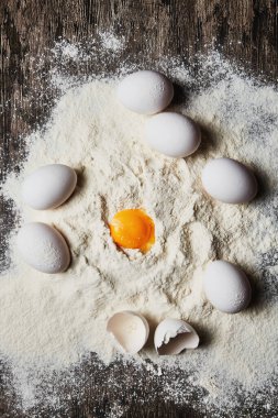 Siyah bir arka planda un sarısı. Yumurta kabuğu.