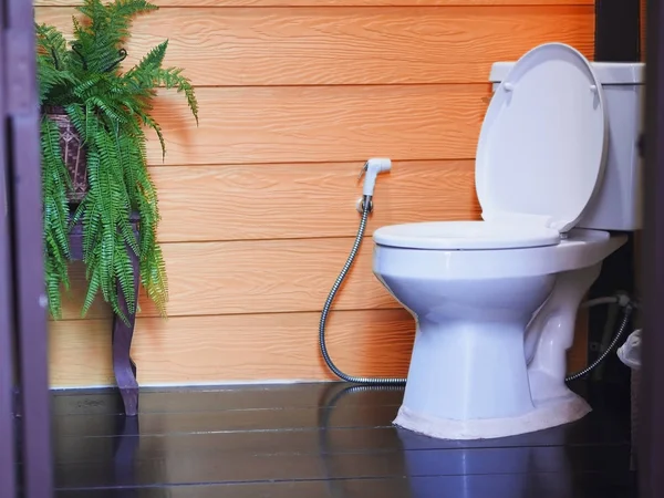 オレンジ色の木製壁に白い便器の浴室に木の床のタイルします ドアを通って見たトイレ インテリア — ストック写真