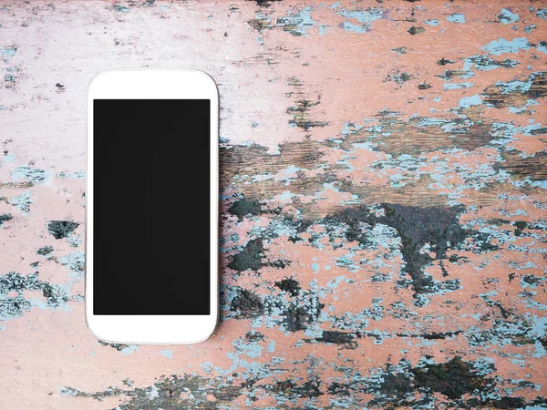 Close White Smarphone Black Blank Screen Grunge Vintage Wood Background — стоковое фото