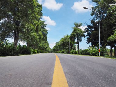 Asfalt yol ile kırsal mavi gökyüzü güneşli karşı yeşil ağaçların.