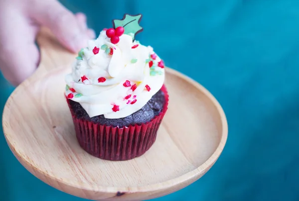 Close Cupcake Christmas Tree Shape Serving Wooden Plate Bakery Shop — Stock Photo, Image