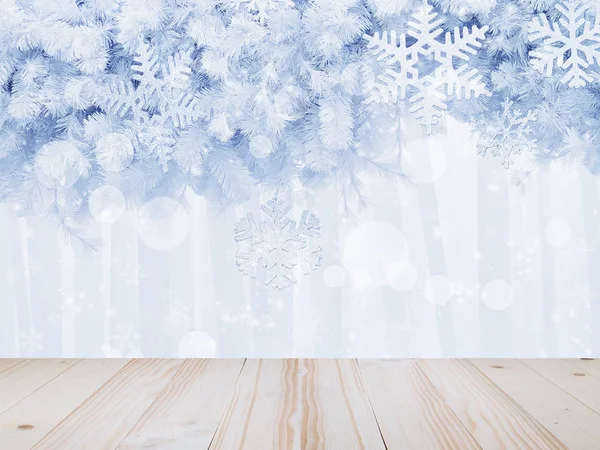 Wood Table Top Silver Snowflakes Shape Glitter Pine Leaves Bokeh — Stock Photo, Image