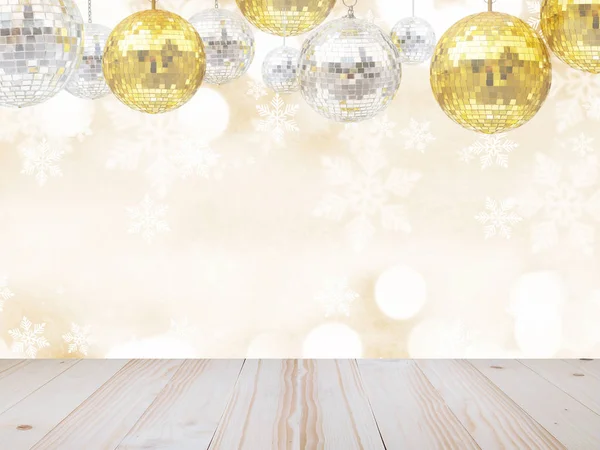 Деревянный Стол Поверх Набора Шаров Диско Рождество Новогодние Украшения Абстрактном — стоковое фото