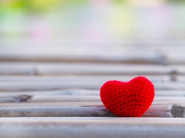 Close Red Cushion Heart Shape Bamboo Wood Copy Space Garden — Stock Photo, Image