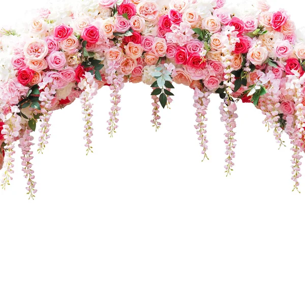 Close up floral arbor for wedding decoration isolated on white background. Pink roses bouquet in arch composition for valentines day card.