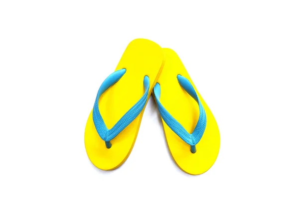 Bovenaanzicht Van Geel Blauw Rubber Flip Flop Schoenen Witte Achtergrond — Stockfoto