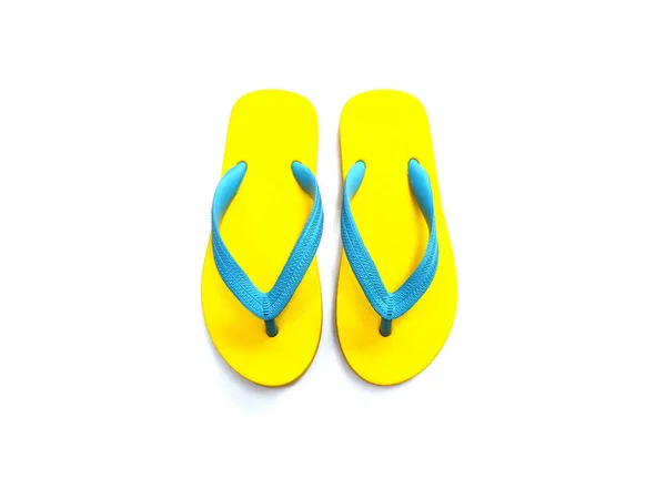 Visão Superior Amarelo Azul Sapatos Chinelo Borracha Fundo Branco Verão — Fotografia de Stock