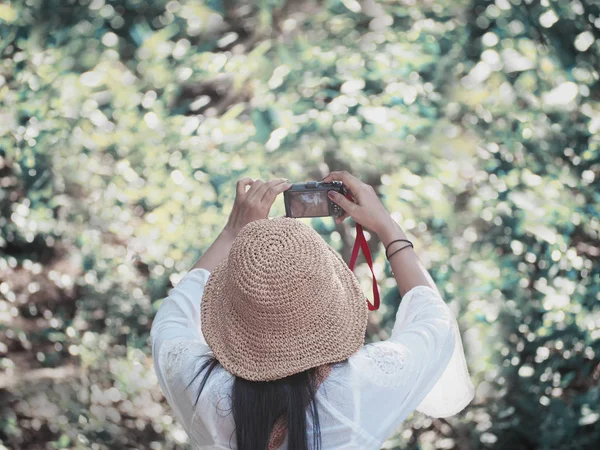 Woman holding camera shooting photograph at the summer green for — ストック写真