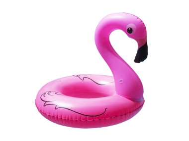 Beyaz arka planda izole yüzme havuzu için Pembe Flamingo.