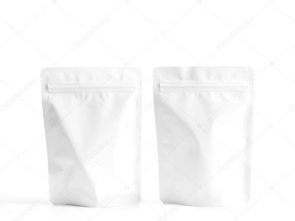 White zipper bag for food snack packaging. Empty zip package on white background.