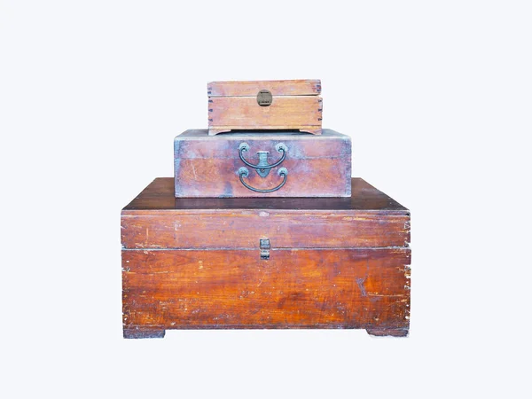 Close Three Vintage Boxes Stacking Isolated White Background Set Old — Stock Photo, Image