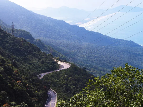 Aerial view of curve street Hai Van pass from Hue to Da Nang, Bach Ma mountain, Vietnam.