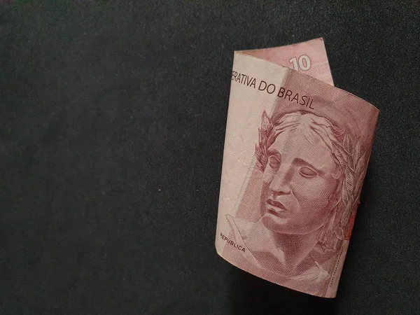 Billete Brasileño Diez Reales Fondo Negro — Foto de Stock