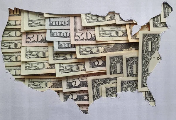 Mapa Stanów Zjednoczonych Ameryki Utworzona Banknotów Dolarowych Różnych Nominałach — Zdjęcie stockowe
