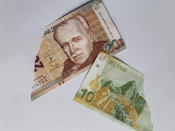 Peruánské Bankovky Různých Nominálních Hodnot Zlomeném Listu Papíru — Stock fotografie
