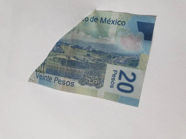 Mexikanischer Zwanzig Peso Schein Auf Dem Gebrochenen Blatt Papier — Stockfoto