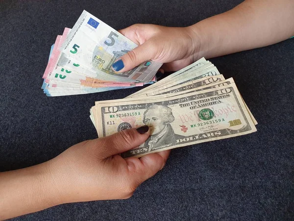 Women Hands Exchanging European Banknotes American Dollar Money — Stock Photo, Image