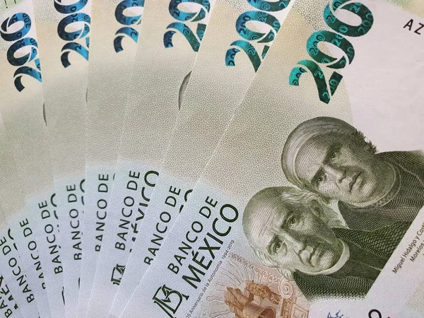 Podejście Ułożonych Meksykańskich Banknotów Nominale 200 Pesos — Zdjęcie stockowe