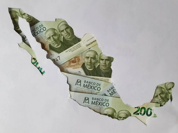 Mexico Map Formed Mexican Banknotes 200 Pesos — Stock Photo, Image