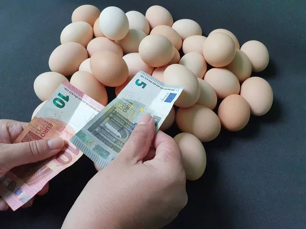 Hand Einer Person Die Mit Europäischem Geld Für Bio Hühnerei — Stockfoto