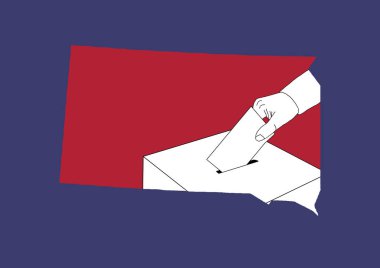 Kırmızı ve mavi arka planda Güney Dakota eyaletinin haritası olan bir sandıkta oy kullanma.