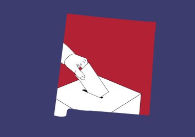 New Mexico eyaletinin kırmızı ve mavi arkaplanlı haritasıyla bir oy sandığına el atarak.