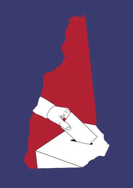 手在投票箱里投票 上面有新罕布什尔州的红蓝相间的地图 — 图库照片