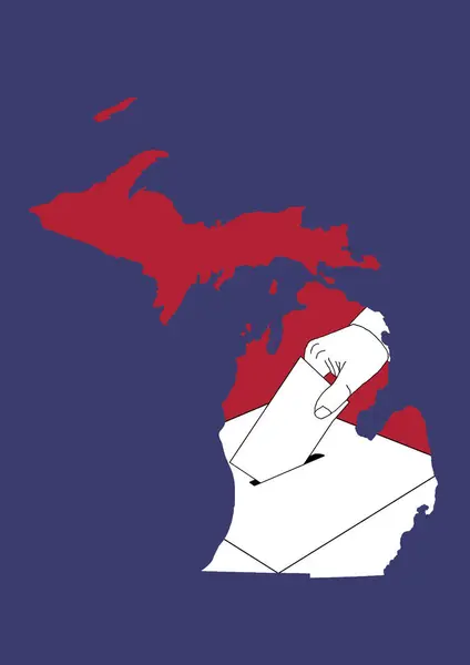 手在投票箱里投票 上面有密歇根州的红蓝相间的地图 — 图库照片