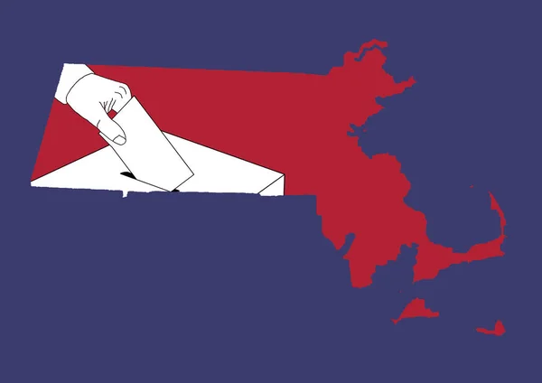 将选票放在投票箱中 用红色和蓝色背景标出马萨诸塞州的地图 — 图库照片
