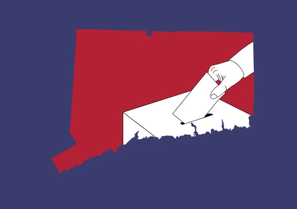 手在投票箱里投票 上面有康涅狄格州的红蓝相间的地图 — 图库照片