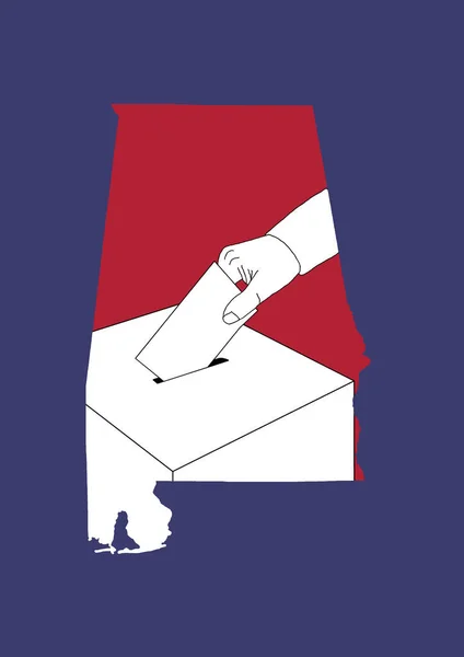 Hand Casting Vote Ballot Box Map State Alabama Red Blue — Stock Photo, Image