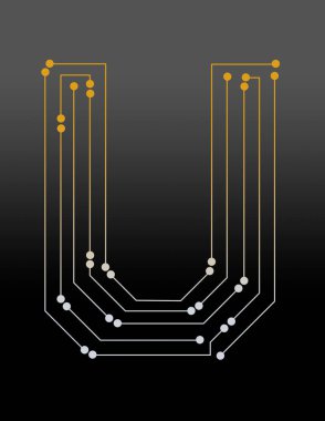 U harfi, elektronik bir bileşeni taklit eden çizgiler ve noktalarla oluşturuldu.