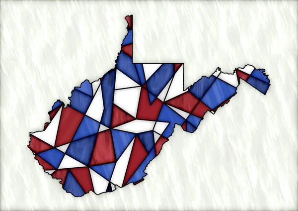 数码插图 附有西弗吉尼亚州彩色玻璃风格的地图 带有红色 蓝色和白色 — 图库照片