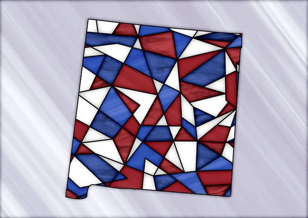 digital illustration with map of the State of New Mexico in stained glass style, with red, blue and white colors