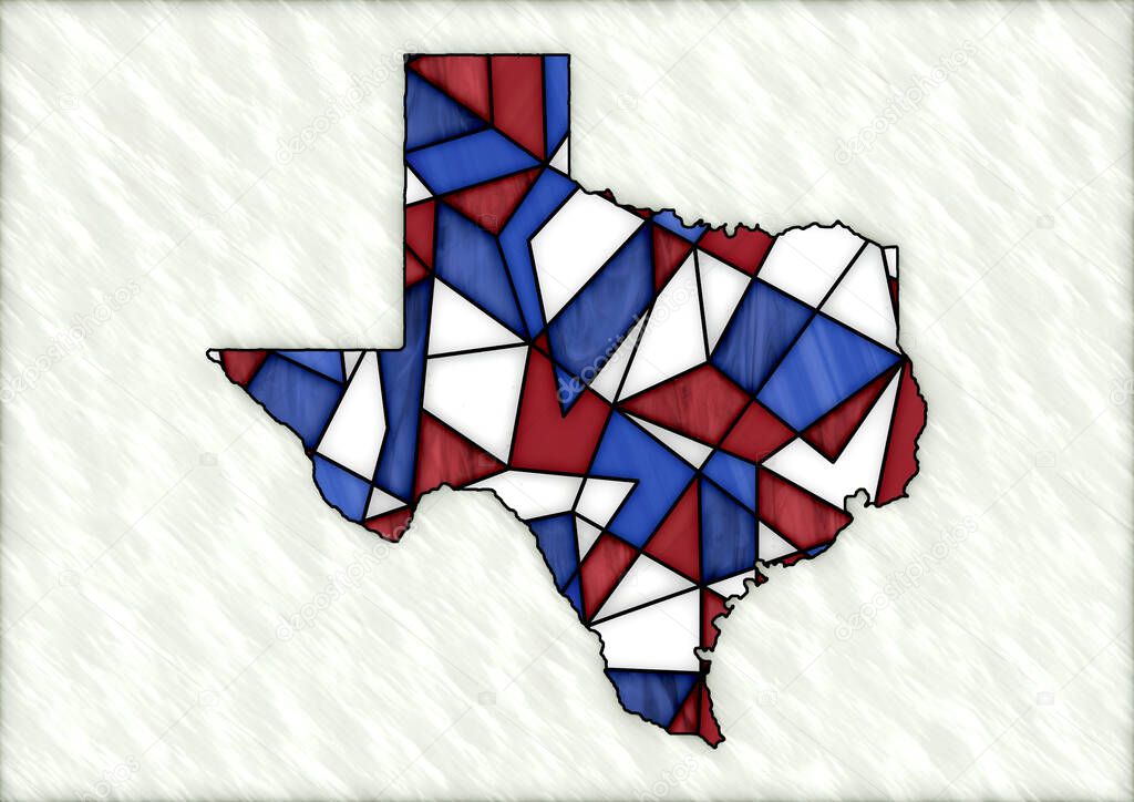 digital illustration with map of the State of Texas in stained glass style, with red, blue and white colors
