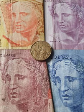 Brezilya madeni parasına yaklaşım ve farklı değerlerin banknotları