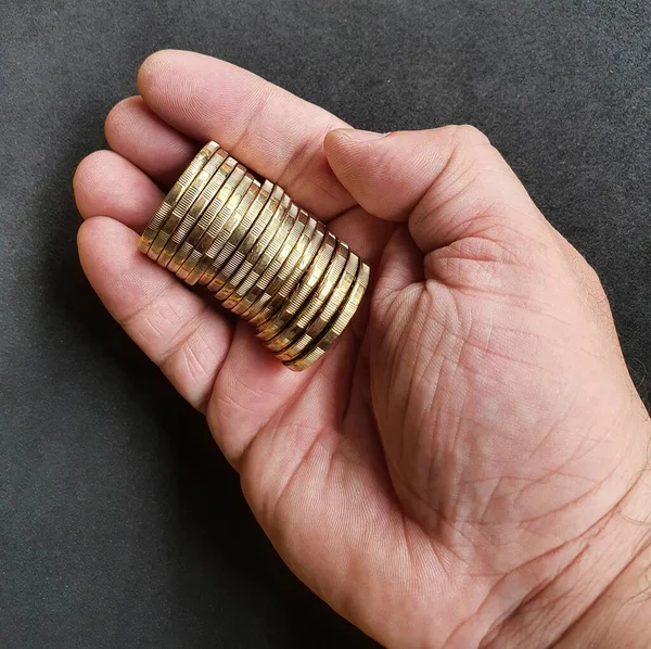 Mano Hombre Sosteniendo Monedas Mexicanas Veinte Pesos — Foto de Stock