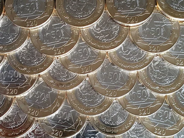 Hromada Mexických Mincí Dvaceti Pesos Pozadí Textury — Stock fotografie
