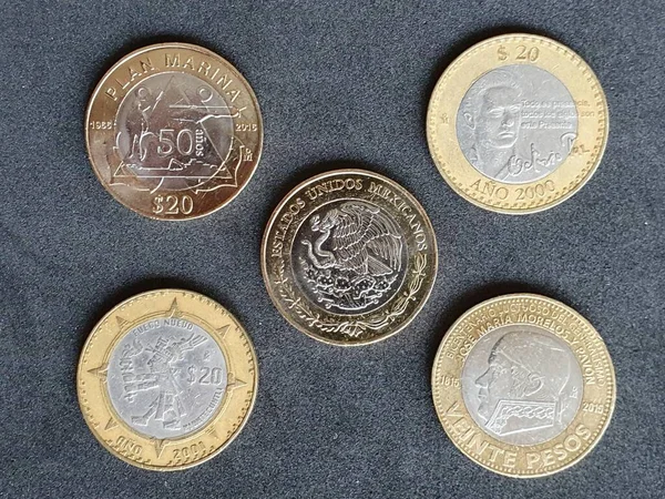 Variété Pièces Mexicaines Vingt Pesos Pour Collection Sur Fond Noir — Photo