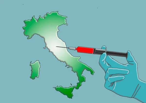 Egy Injekcióhoz Való Fecskendőt Tartó Kéz Ábrázolása Olaszország Térképen — Stock Fotó