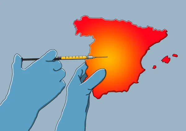 西班牙地图上一只手拿着注射器进行注射的图片 — 图库照片