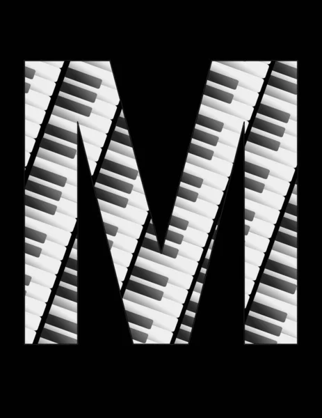 illustration featuring the keys of a musical keyboard forming the letter M with black background