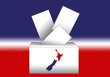 Oylama kağıtlarının ve Yeni Zelanda haritalı bir oy sandığının çizimi