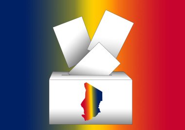 Oy pusulalarının ve Chad 'in haritasının olduğu bir oy sandığının çizimi