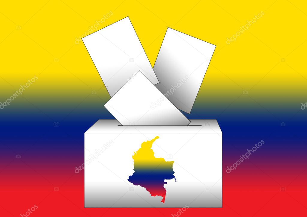 illustration of voting papers and a ballot box with the map of Colombia