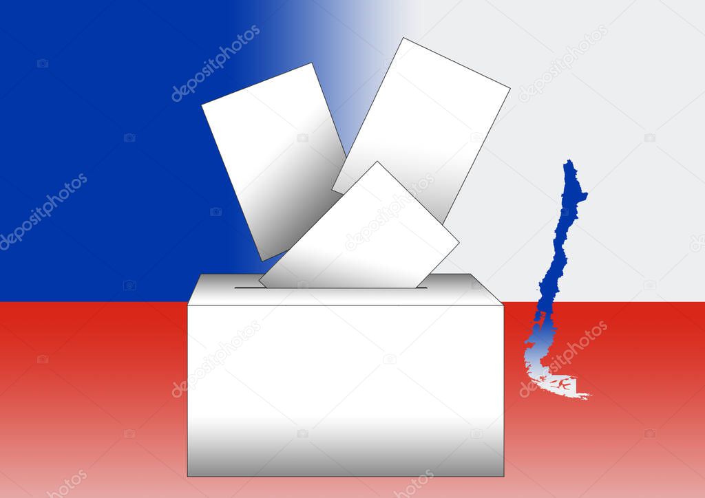 illustration of voting papers, ballot box and the map of Chile