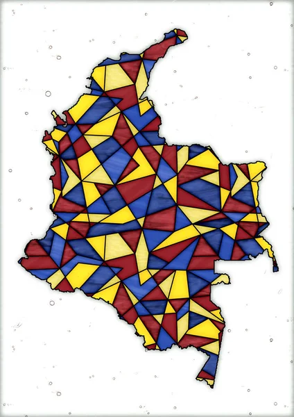 digital illustration with map of the country of Colombia in stained glass style, with yellow, blue and red colors