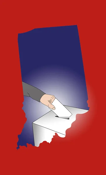 手在投票箱里投票 上面有印第安纳州的地图 — 图库照片